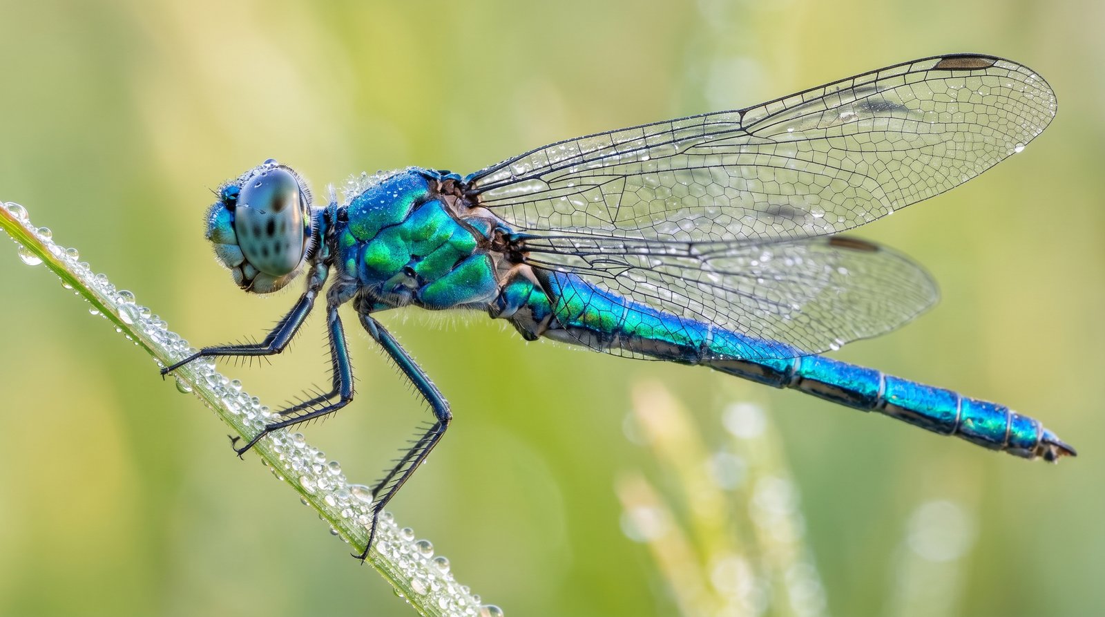 Macro photograph of a common darter dragonfly perched on a dew-covered stem — representing precision, natural engineering, and detail