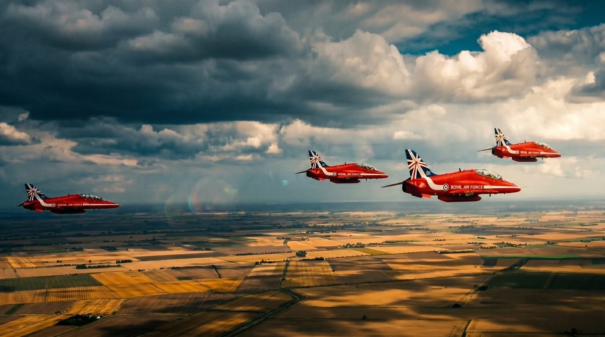 The Red Arrows in formation over open countryside, Royal Air Force aerobatic display